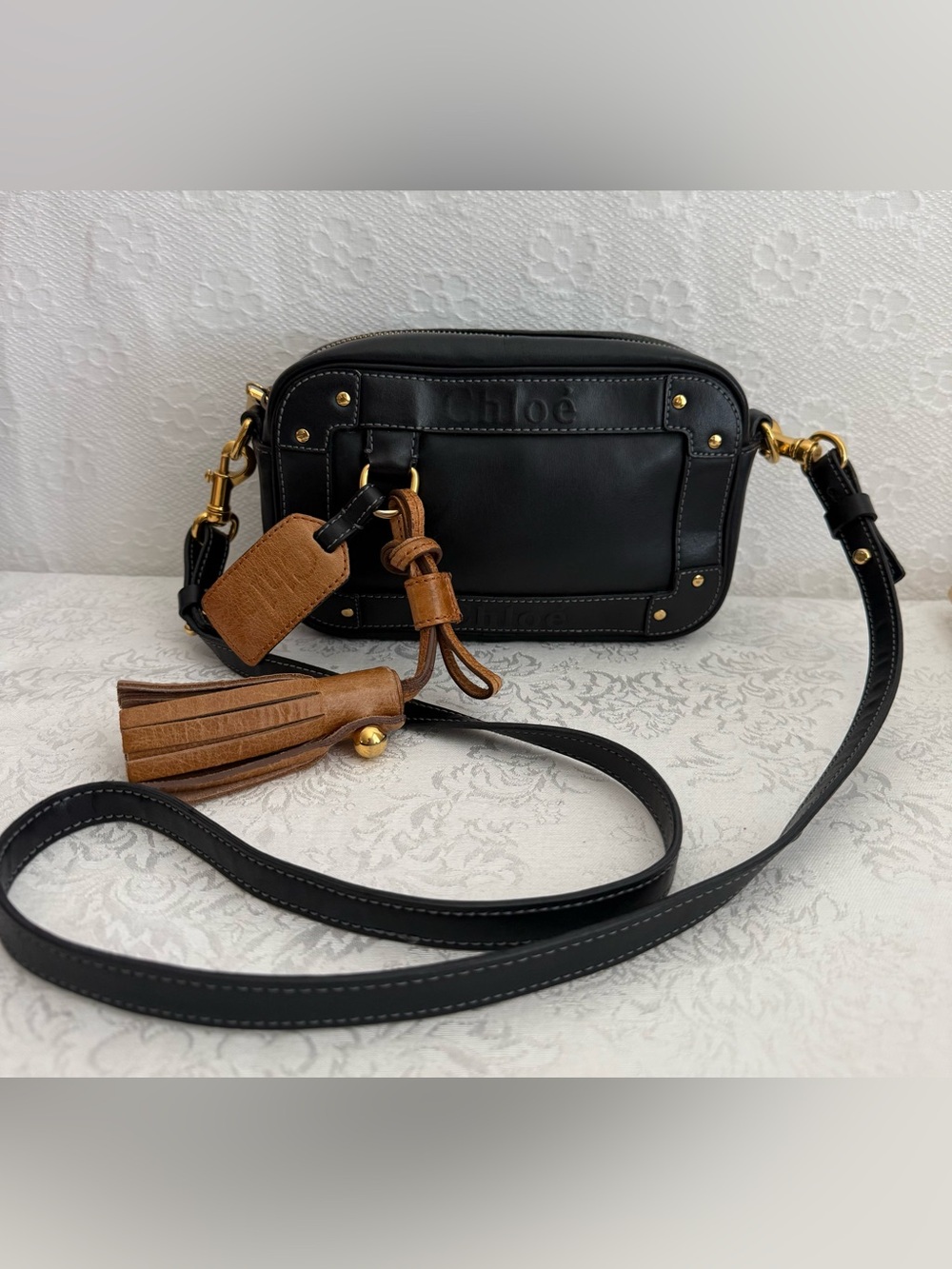 Chloe Eden authentic Black Leather Crossbody with Brown Tassel Charm